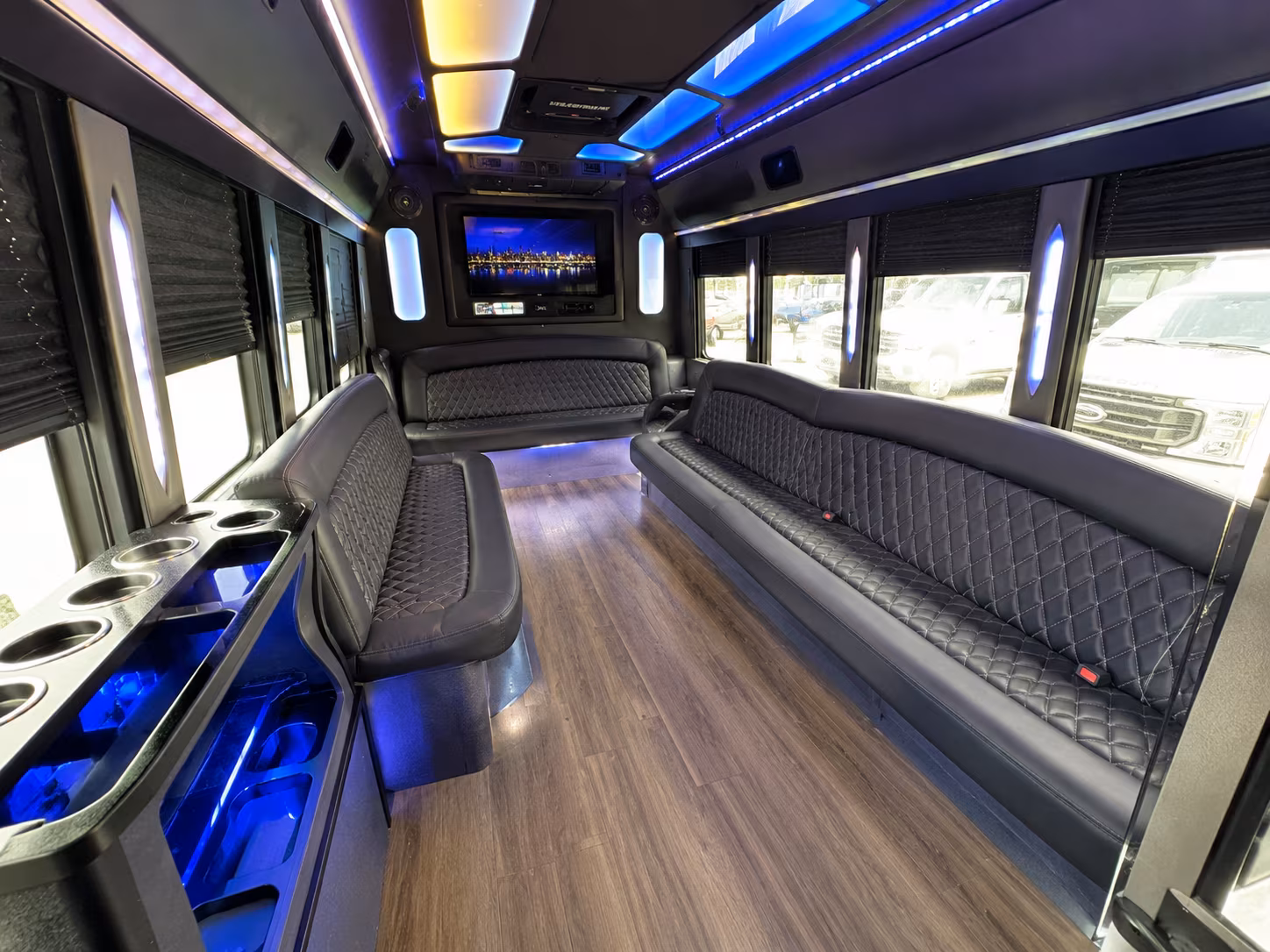 Passenger watching the Pittsburgh scenery during a regional party bus road trip